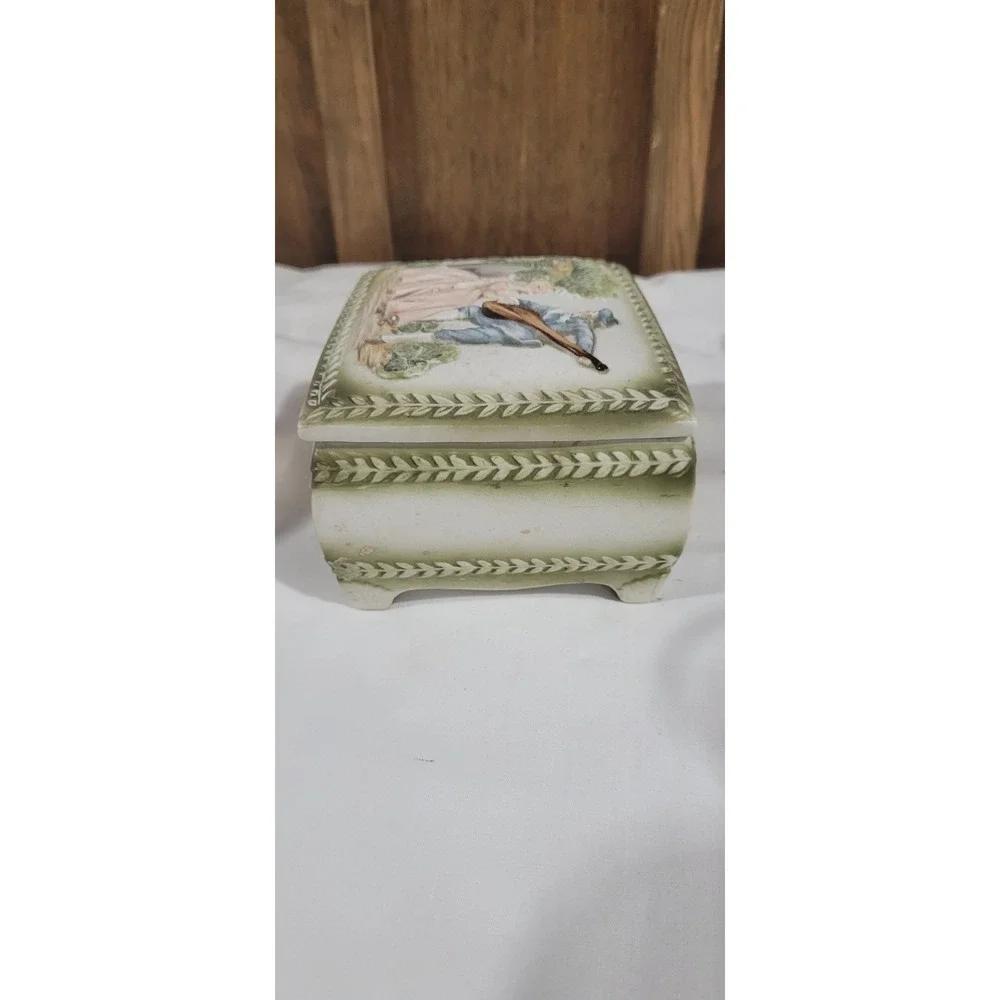 Vintage Bisque Porcelain trinket box Collectable 3D Victorian couple.